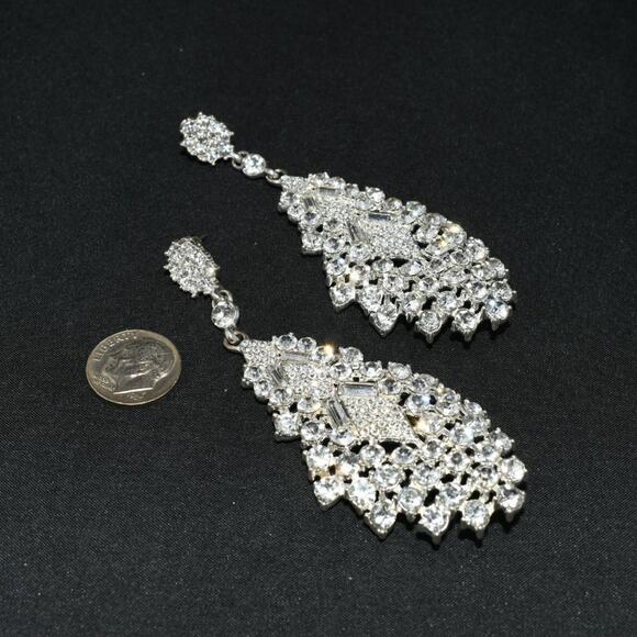 Vintage Long Rhinestone Wedding Earrings, Formal Bling 3 1/2 Inch Posts, 1990s - Picture 8 of 12